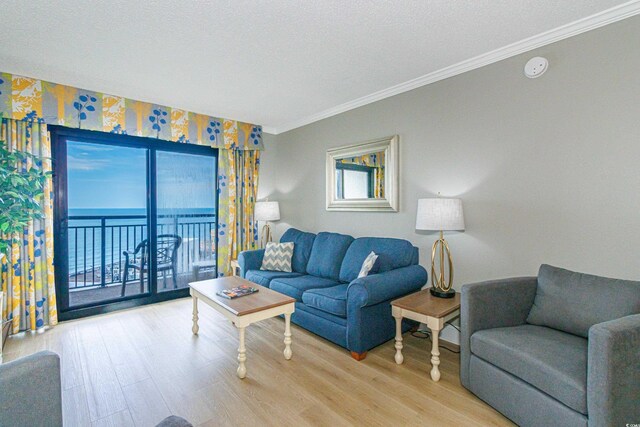 7100 N Ocean Blvd Unit 1421, Myrtle Beach, SC 29572 - living area featuring light wood finished floors, ornamental molding, plenty of natural light, and baseboards