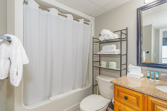 7100 N Ocean Blvd Unit 1421, Myrtle Beach, SC 29572 - full bath featuring vanity, a drop ceiling, toilet, and shower / bathtub combination with curtain