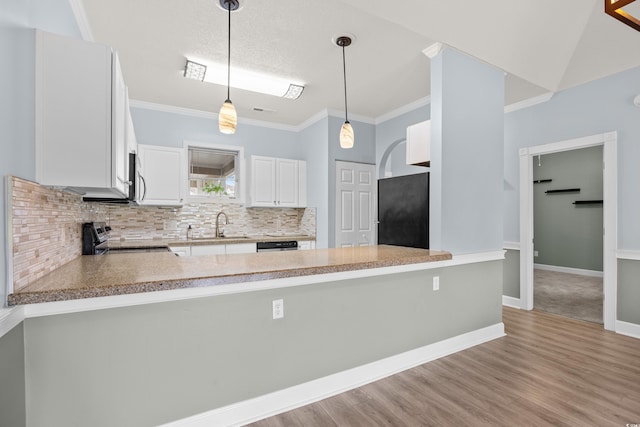 4767 Wild Iris Dr Unit 203, Myrtle Beach, SC 29579 - kitchen featuring stainless steel appliances, tasteful backsplash, a peninsula, crown molding, and decorative light fixtures