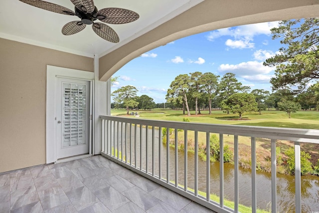 4767 Wild Iris Dr Unit 203, Myrtle Beach, SC 29579 - balcony featuring ceiling fan, golf course view, and a water view