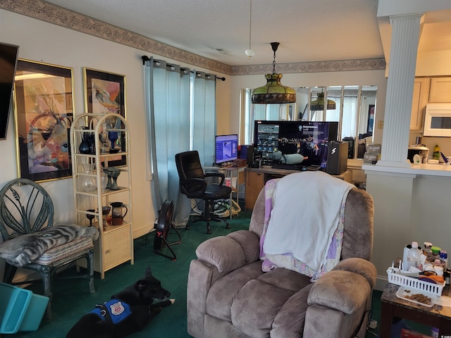 330 S Middleton Dr Unit 603, Calabash, NC 28467 - living area with ornate columns, carpet flooring, and a desk