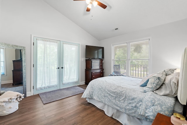 1936 Lees Landing Cir, Conway, SC 29526 - bedroom featuring access to exterior, lofted ceiling, french doors, wood finished floors, and ceiling fan