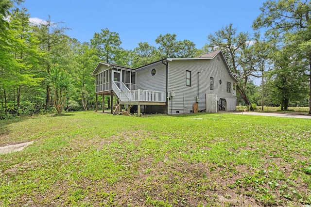 1936 Lees Landing Cir, Conway, SC 29526 - view of side of property featuring a sunroom, a lawn, concrete driveway, crawl space, and stairway