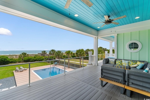 4900 N Ocean Blvd, Myrtle Beach, SC 29577 - wooden terrace with ceiling fan, a water view, and an outdoor living space