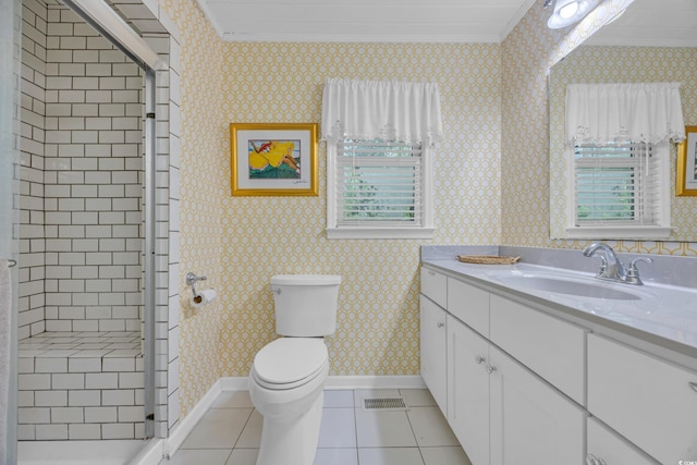 196 John Waites Ct, Georgetown, SC 29440 - full bathroom featuring crown molding, tile patterned flooring, vanity, a shower stall, and healthy amount of natural light
