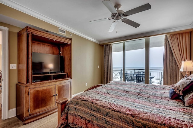603 S Ocean Blvd Unit 1205, North Myrtle Beach, SC 29582 - bedroom with access to exterior, multiple windows, light wood-style flooring, crown molding, and a ceiling fan