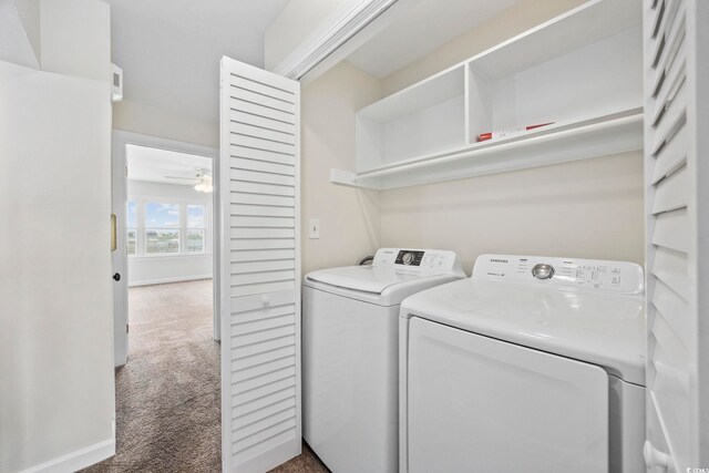 465 Vereen Rd Unit 10, Murrells Inlet, SC 29576 - washroom featuring washing machine and clothes dryer, carpet, and ceiling fan