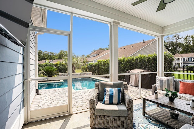 981 Mourning Dove Dr, Myrtle Beach, SC 29577 - swimming pool with a ceiling fan, an outdoor living space, a patio, and a grill