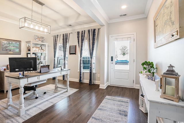 981 Mourning Dove Dr, Myrtle Beach, SC 29577 - home office with dark wood-style floors, baseboards, and crown molding