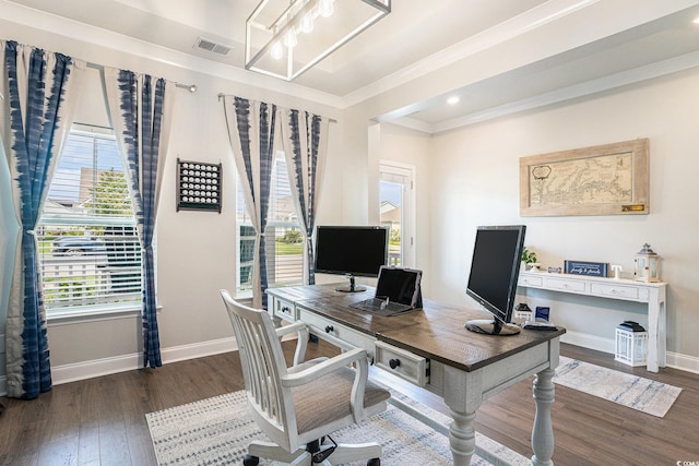981 Mourning Dove Dr, Myrtle Beach, SC 29577 - home office with ornamental molding, baseboards, wood finished floors, a chandelier, and recessed lighting