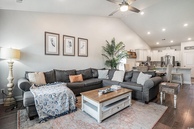 981 Mourning Dove Dr, Myrtle Beach, SC 29577 - living area with a ceiling fan, wood finished floors, recessed lighting, and high vaulted ceiling