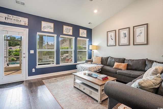 981 Mourning Dove Dr, Myrtle Beach, SC 29577 - living room with hardwood / wood-style flooring, vaulted ceiling, recessed lighting, and baseboards