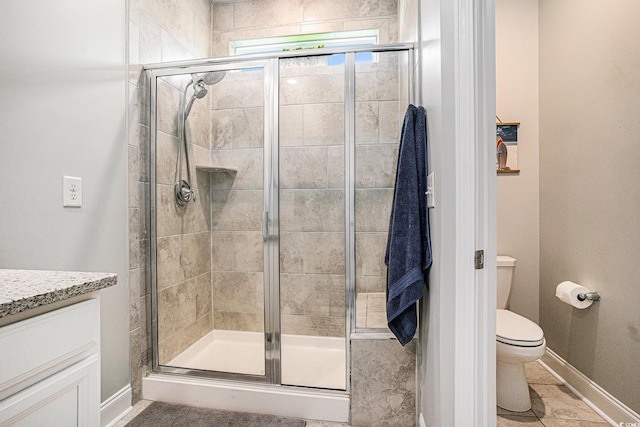 981 Mourning Dove Dr, Myrtle Beach, SC 29577 - bathroom featuring toilet, a stall shower, vanity, and baseboards