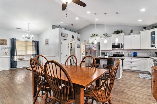 1904 Ronald Phillips Ave, Conway, SC 29527 - dining area with ceiling fan, lofted ceiling, light wood-type flooring, a chandelier, and recessed lighting