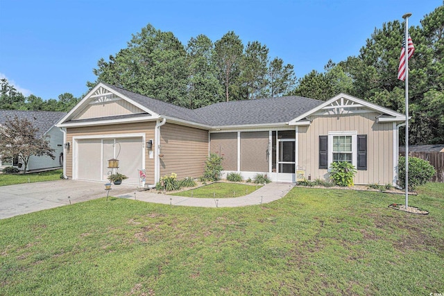 1904 Ronald Phillips Ave, Conway, SC 29527 - ranch-style home with a garage, driveway, a front yard, and a sunroom