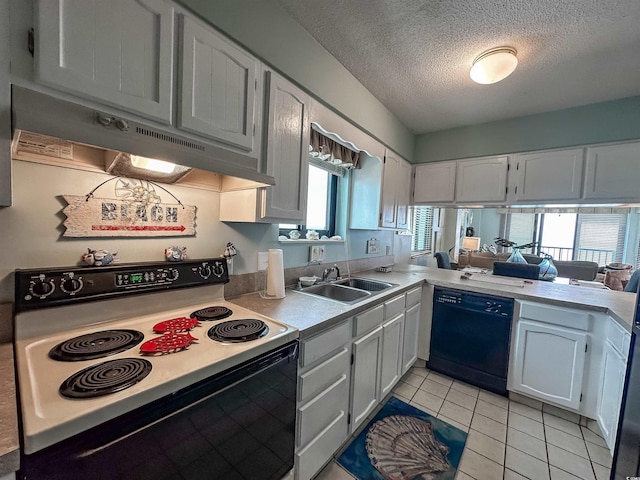 2101 S Ocean Blvd Unit A-4, North Myrtle Beach, SC 29582 - kitchen featuring electric range, black dishwasher, a sink, under cabinet range hood, and a textured ceiling