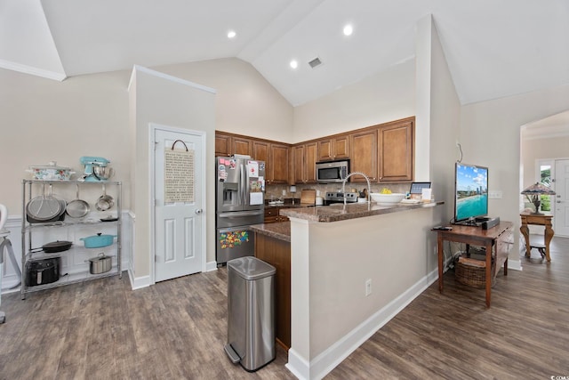 5149 Morning Frost Pl, Myrtle Beach, SC 29579 - kitchen featuring appliances with stainless steel finishes, high vaulted ceiling, tasteful backsplash, dark wood-type flooring, and a peninsula