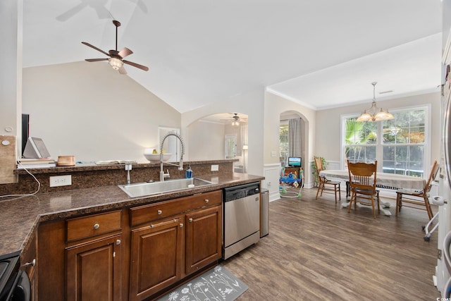5149 Morning Frost Pl, Myrtle Beach, SC 29579 - kitchen featuring dishwasher, a sink, a ceiling fan, arched walkways, and wood finished floors