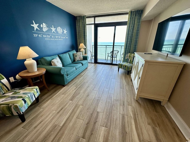 3000 N Ocean Blvd Unit 1406, Myrtle Beach, SC 29572 - living room with a wall of windows, healthy amount of natural light, light wood finished floors, a textured ceiling, and baseboards