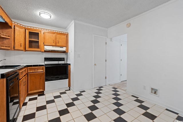 218 Waccamaw Village Dr Unit 218, Myrtle Beach, SC 29579 - kitchen with electric range oven, black dishwasher, under cabinet range hood, a sink, and tile countertops
