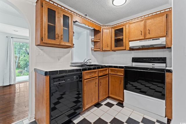 218 Waccamaw Village Dr Unit 218, Myrtle Beach, SC 29579 - kitchen featuring black dishwasher, under cabinet range hood, range with electric cooktop, arched walkways, and tile counters