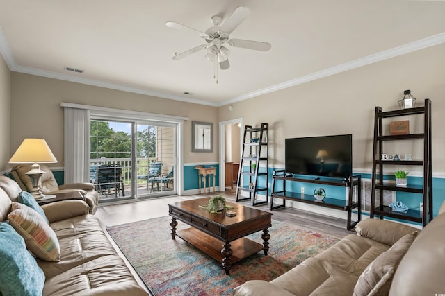 4890 Luster Leaf Cir Unit 201, Myrtle Beach, SC 29577 - living area featuring wood finished floors, crown molding, and a ceiling fan