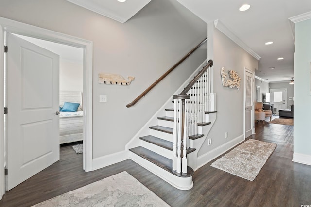 204 33rd Ave N, North Myrtle Beach, SC 29582 - stairway featuring ornamental molding, wood finished floors, baseboards, recessed lighting, and a ceiling fan