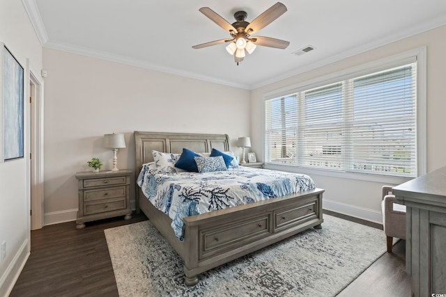 204 33rd Ave N, North Myrtle Beach, SC 29582 - bedroom featuring baseboards, dark wood finished floors, ornamental molding, and ceiling fan