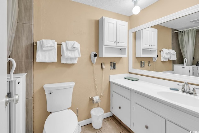2511 S Ocean Blvd Unit 507G, Myrtle Beach, SC 29577 - bathroom featuring toilet, vanity, a textured ceiling, tile patterned floors, and curtained shower