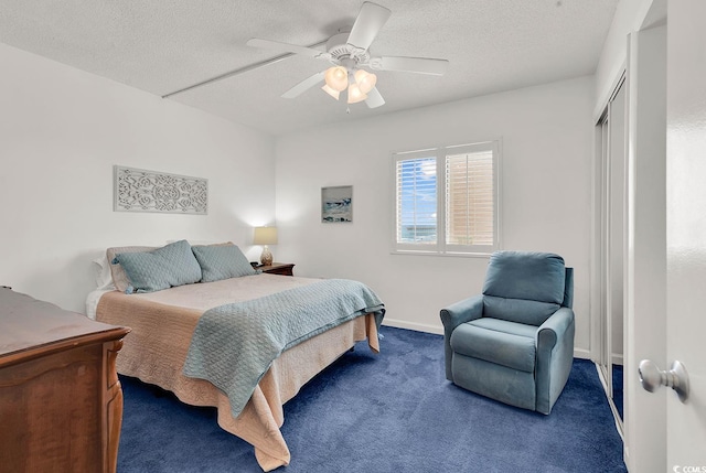 2511 S Ocean Blvd Unit 507G, Myrtle Beach, SC 29577 - bedroom featuring carpet flooring, a textured ceiling, ceiling fan, a closet, and baseboards