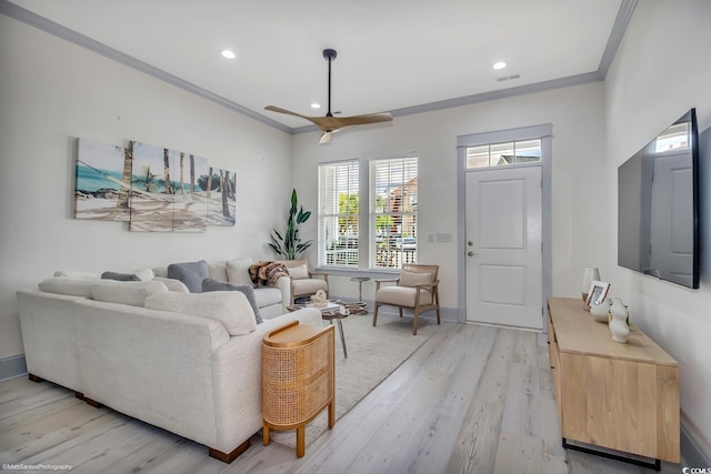 3477 Bristol Ln Unit 3477, Myrtle Beach, SC 29577 - living area with ornamental molding, light wood finished floors, baseboards, recessed lighting, and ceiling fan