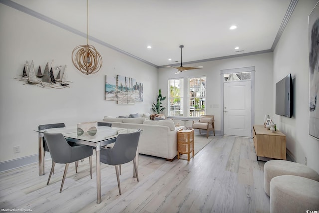 3477 Bristol Ln Unit 3477, Myrtle Beach, SC 29577 - dining room featuring crown molding, light wood finished floors, recessed lighting, baseboards, and a ceiling fan