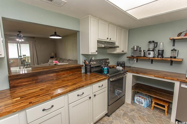 6610 Mallard View Pt, Myrtle Beach, SC 29588 - kitchen featuring wooden counters, electric range, under cabinet range hood, white cabinetry, and a ceiling fan