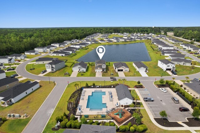 196 Cypress Tree Loop, Longs, SC 29568 - aerial perspective of suburban area with a pool area and a nearby body of water