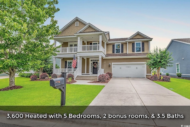 1227 Cypress Shadow Ct, Murrells Inlet, SC 29576 - craftsman-style home featuring a porch, driveway, a balcony, a garage, and a front lawn