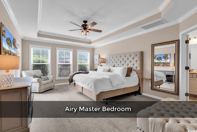 1227 Cypress Shadow Ct, Murrells Inlet, SC 29576 - carpeted bedroom with a tray ceiling, ornamental molding, baseboards, and a ceiling fan