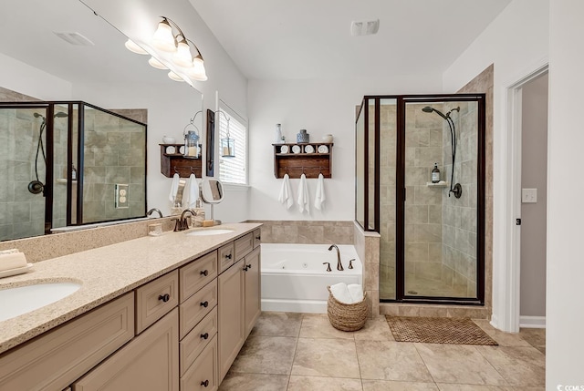 1227 Cypress Shadow Ct, Murrells Inlet, SC 29576 - bathroom featuring a jetted tub, a shower stall, double vanity, and tile patterned flooring