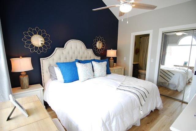 390 Lands End Blvd Unit 4-201, Myrtle Beach, SC 29572 - bedroom featuring wood finished floors, vaulted ceiling, and a ceiling fan