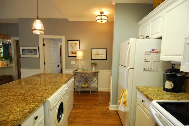 390 Lands End Blvd Unit 4-201, Myrtle Beach, SC 29572 - kitchen featuring washer / dryer, dark wood-style flooring, white cabinetry, a wainscoted wall, and ornamental molding