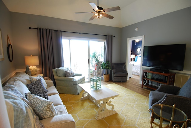 390 Lands End Blvd Unit 4-201, Myrtle Beach, SC 29572 - living room featuring ceiling fan, wood finished floors, and high vaulted ceiling