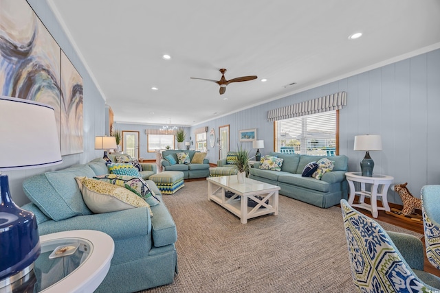 1705 N Ocean Blvd N, North Myrtle Beach, SC 29582 - living room featuring crown molding, plenty of natural light, recessed lighting, and a ceiling fan
