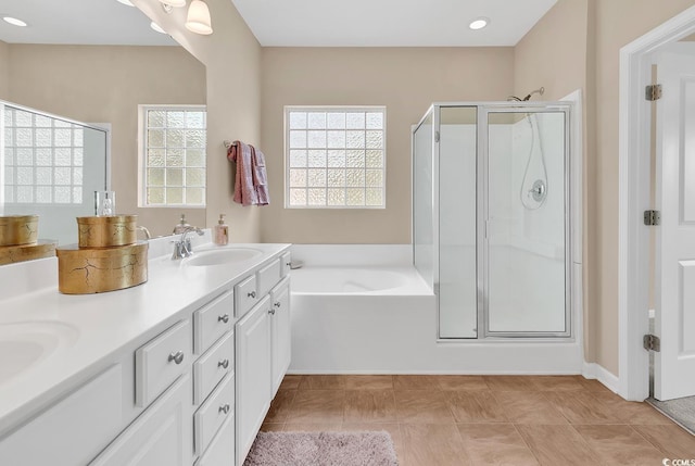 126 Dreamland Dr, Murrells Inlet, SC 29576 - full bath featuring a shower stall, a bath, double vanity, recessed lighting, and tile patterned floors