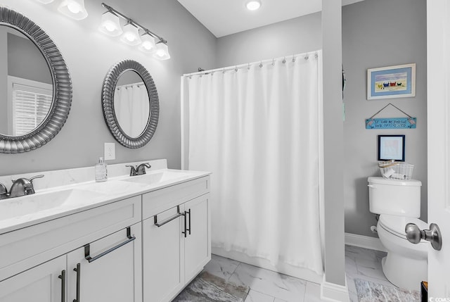 601 46th Ave S, North Myrtle Beach, SC 29582 - full bath with marble finish flooring, toilet, double vanity, and a shower with curtain