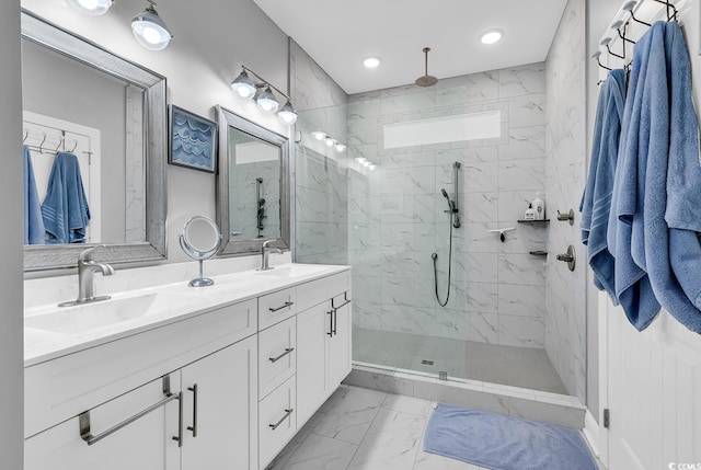 601 46th Ave S, North Myrtle Beach, SC 29582 - bathroom with marble look tile flooring, double vanity, a marble finish shower, and recessed lighting