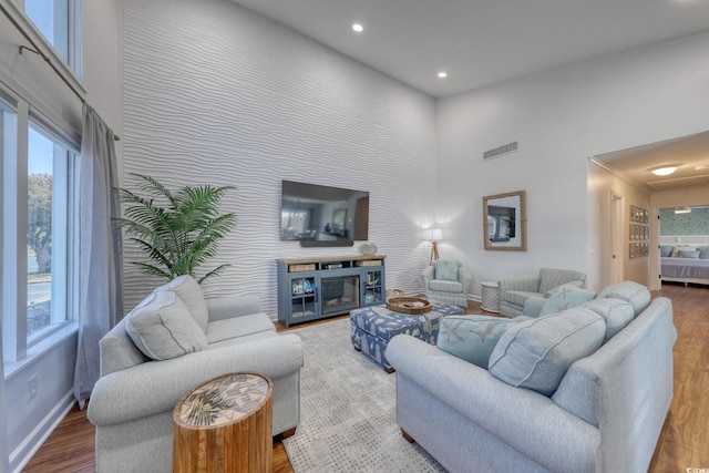 800 S 9th Ave S Unit A-1, North Myrtle Beach, SC 29582 - living area with wood finished floors, recessed lighting, a towering ceiling, and baseboards