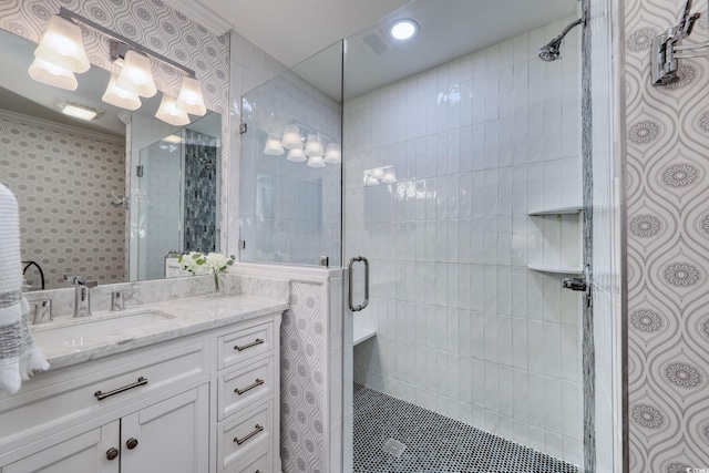 800 S 9th Ave S Unit A-1, North Myrtle Beach, SC 29582 - full bathroom featuring a stall shower, vanity, and crown molding