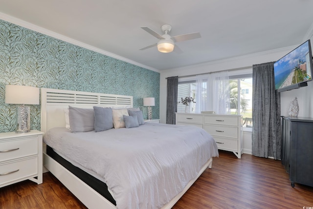 800 S 9th Ave S Unit A-1, North Myrtle Beach, SC 29582 - bedroom with wallpapered walls, crown molding, dark wood-type flooring, and ceiling fan
