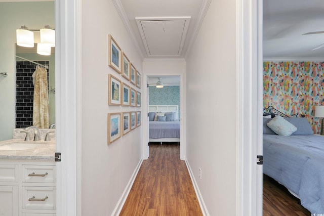 800 S 9th Ave S Unit A-1, North Myrtle Beach, SC 29582 - hallway with attic access, a sink, wood finished floors, crown molding, and baseboards