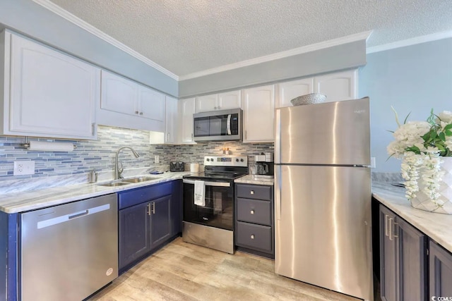 5601 N Ocean Blvd Unit A-307, Myrtle Beach, SC 29577 - kitchen with appliances with stainless steel finishes, a sink, light wood-type flooring, white cabinets, and a textured ceiling
