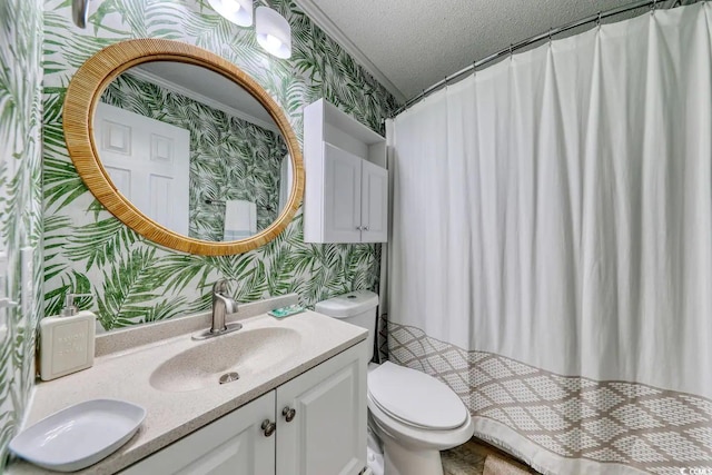 5601 N Ocean Blvd Unit A-307, Myrtle Beach, SC 29577 - bathroom with wallpapered walls, a textured ceiling, toilet, and vanity